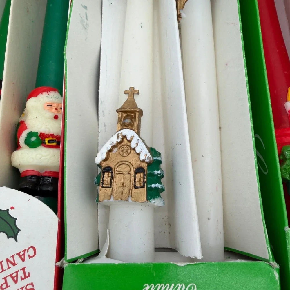 Vintage Christmas Taper Candles Set 10 Inch‎ Red Green White Santa Snowman 12pk